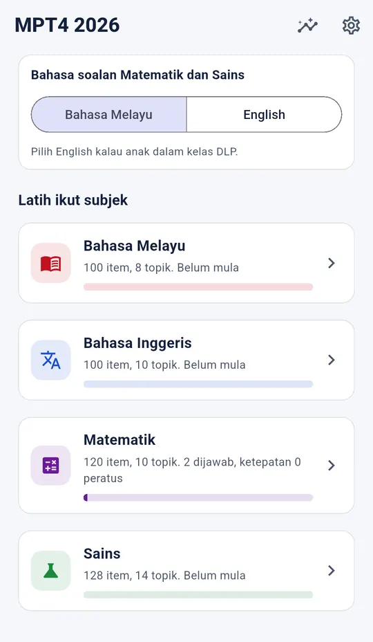 Skrin utama MPT4 dengan kad Bahasa Inggeris, 100 soalan dalam 10 topik