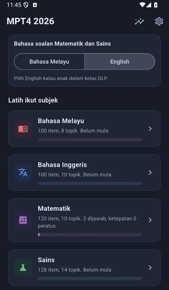 Skrin utama MPT4 dengan kad Bahasa Inggeris, 100 soalan dalam 10 topik
