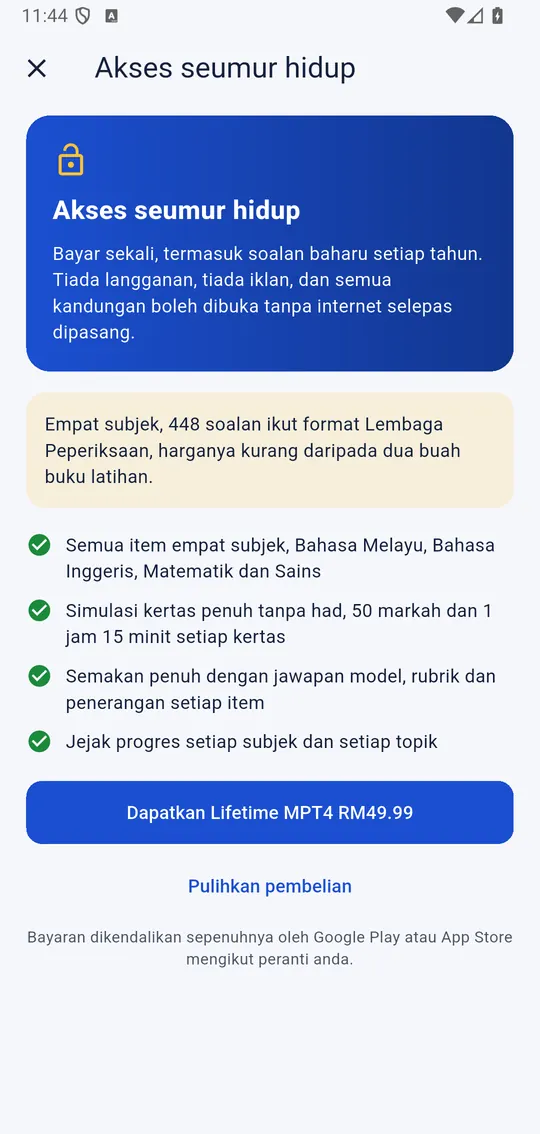 Skrin Lifetime MPT4 dalam app Android