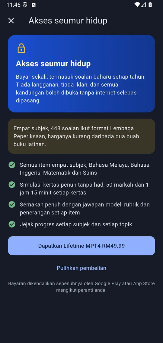 Skrin Lifetime MPT4 dalam app Android