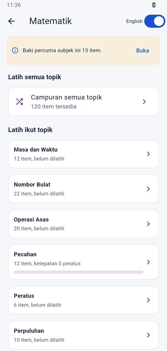Senarai topik Matematik dalam app MPT4